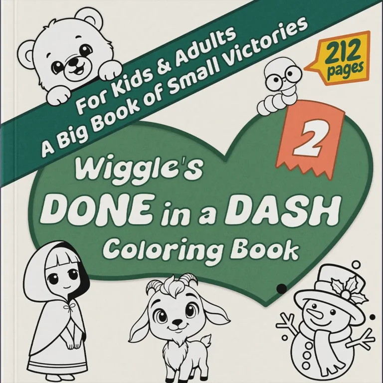 Wiggle's Done in a Dash Coloring Book Volume 2 cover with green heart, featuring a bear, snowman, and goat - simple winter and animal coloring pages.