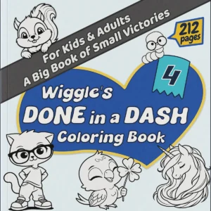 Wiggle's Done in a Dash Coloring Book Volume 4 cover with blue heart, featuring a squirrel, smart cat with glasses, and unicorn - kawaii coloring book for all ages.
