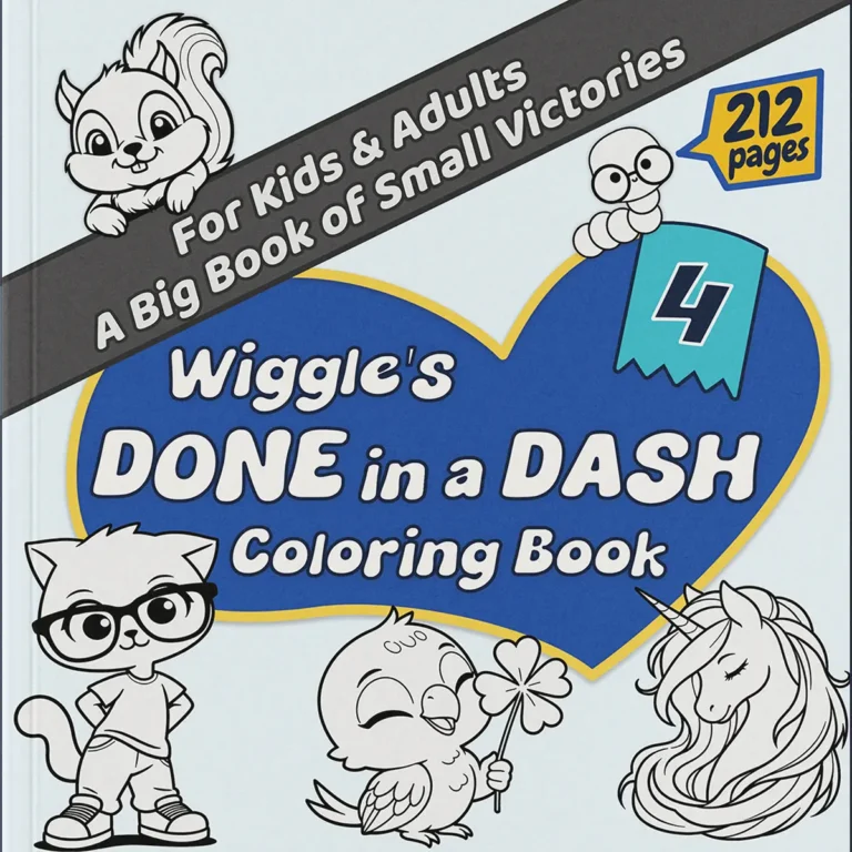 Wiggle's Done in a Dash Coloring Book Volume 4 cover with blue heart, featuring a squirrel, smart cat with glasses, and unicorn - kawaii coloring book for all ages.