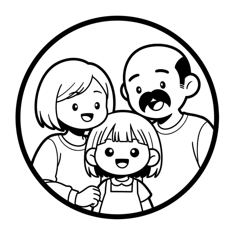 Line art illustration of a cute, smiling family (two adults and one child) framed in a circle, representing the creators or target audience for an "About Us" page.