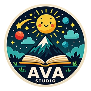 AVA Studio logo with sun, mountain, and open book icon.