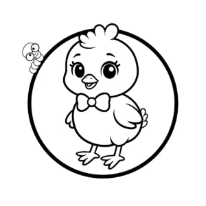 A coloring page of a fluffy baby bird or chick wearing a large bow tie, smiling inside a circular border.
