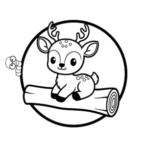 A cute fawn with small antlers sitting calmly on a wooden log, framed in a circle.