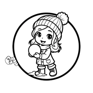 A cute cartoon girl in a warm pom-pom hat and scarf holding a snowball, dressed in winter attire.
