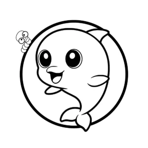 A cute cartoon dolphin jumping through a circular frame, featuring a smiling face and simple outlines for coloring.
