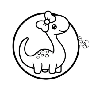 A cute, long-necked dinosaur (Brontosaurus style) with a large bow on its head and spots on its back.