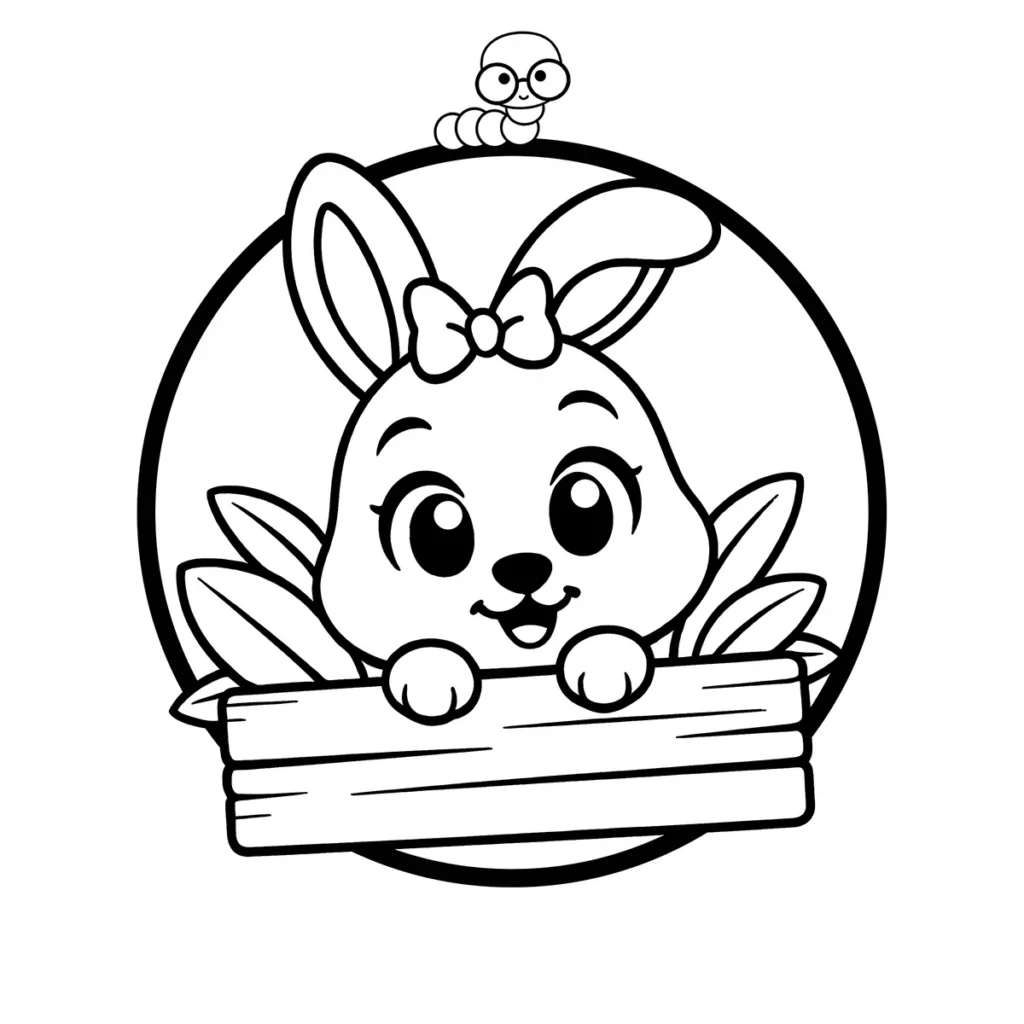 A sweet rabbit with a bow tie holding a blank wooden sign, surrounded by leaves.