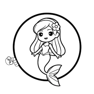 A smiling chibi-style mermaid with long hair and a flower, with a heart-shaped seashell top.