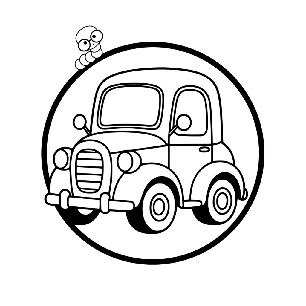 A simple black and white line drawing of a small, old-fashioned vintage car, perfect for easy coloring.