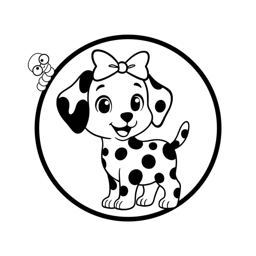 An adorable Dalmatian puppy with black spots and a bow on its head, standing inside a circular frame.