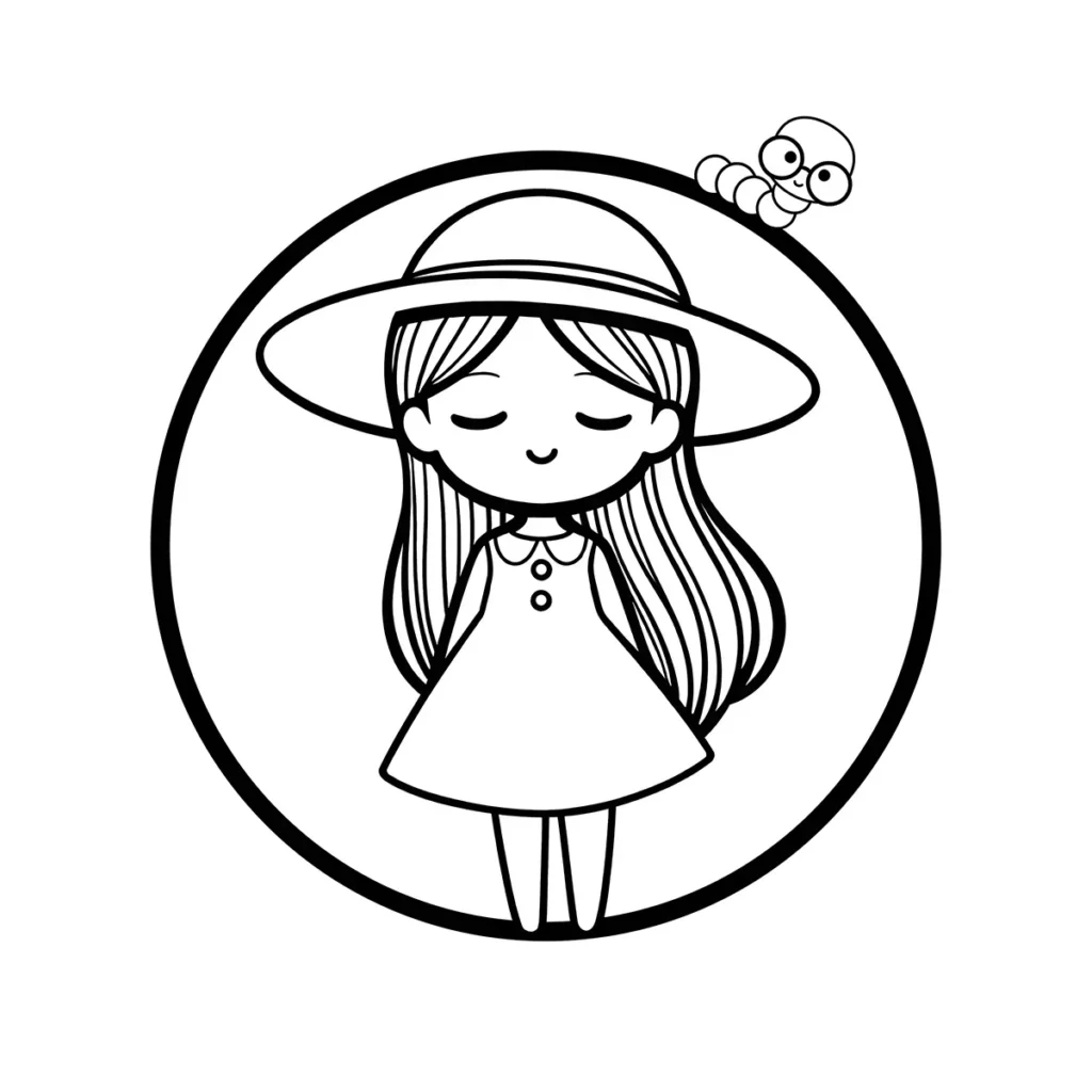 Cute chibi girl coloring page wearing a hat with simple outlines inside a circle