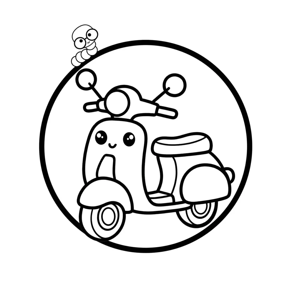 A cute, simple cartoon drawing of a retro-style scooter with a smiling face, ready for coloring.