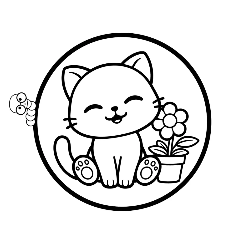 A cute cartoon kitten sitting happily with its eyes closed, enjoying a potted flower next to it, framed in a circle.
