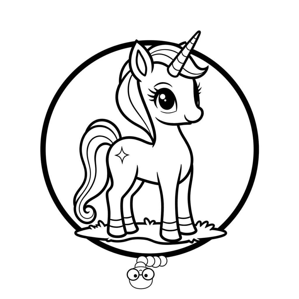 A simple line drawing of a magical unicorn with a flowing mane and tail standing on grass inside a circle.