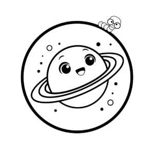 A cartoon planet resembling Saturn with rings and a happy face, surrounded by bubbles or stars in a circle.