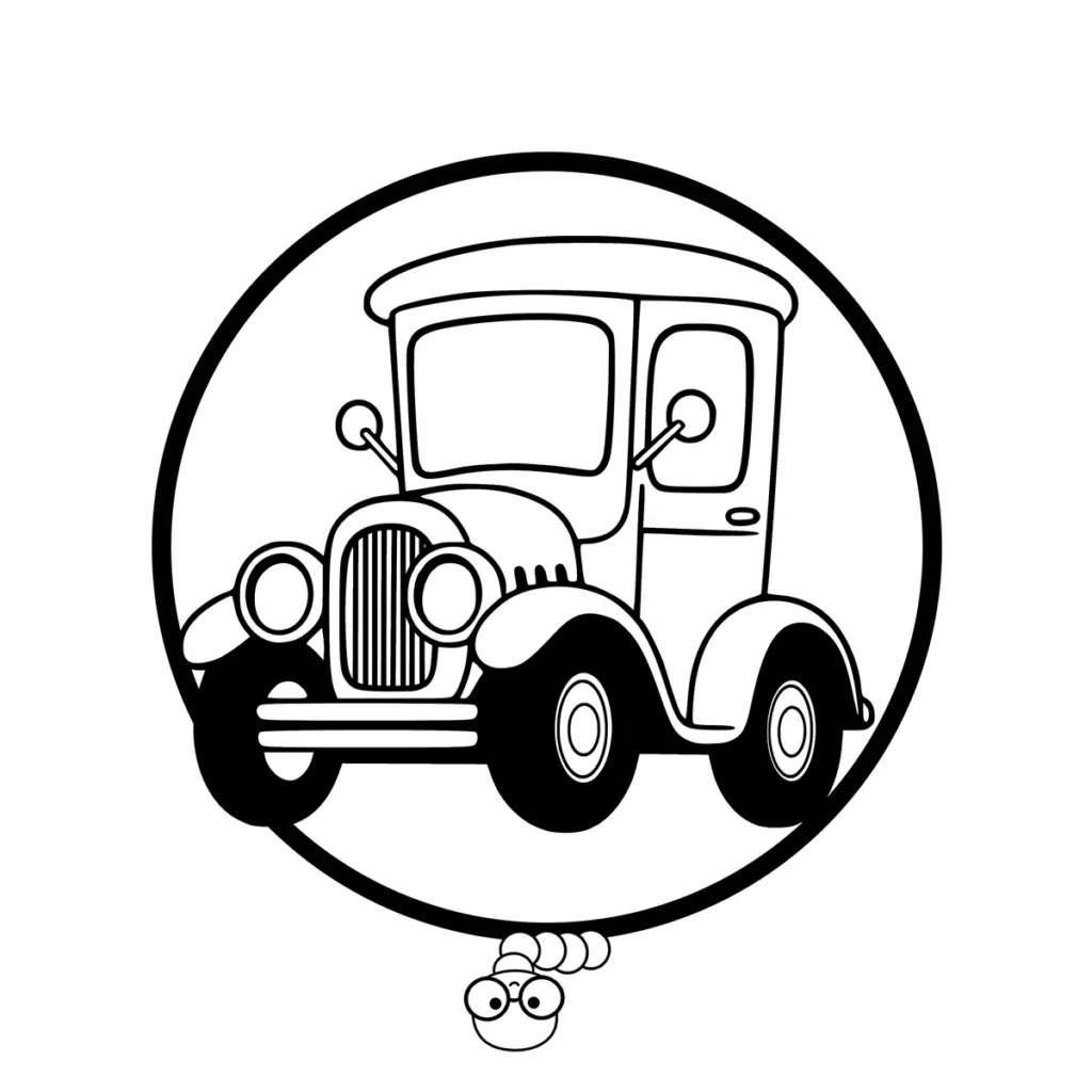 Cute vintage car coloring page with simple outlines inside a circular frame for kids
