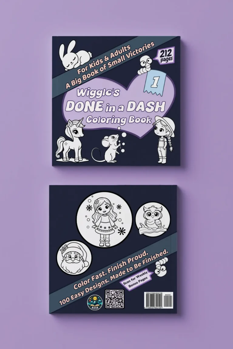 Front and back mockup of the ‘Done in a Dash’ kids coloring book showing easy, cute illustrations including a unicorn, girl, owl, mouse, and holiday characters, displayed on a purple background.