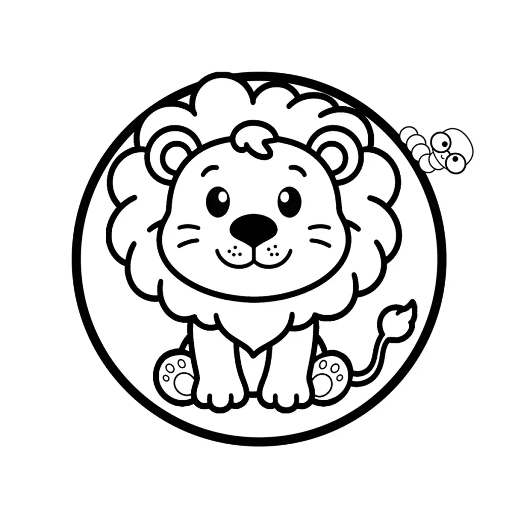 Cute baby lion sitting inside a circle coloring page, free printable outline with thick lines for toddlers.