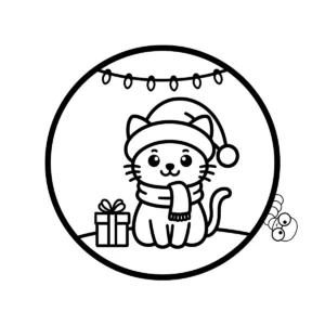 Free printable cute cat wearing a Santa hat and cozy scarf, sitting next to a Christmas gift, winter holiday coloring page.