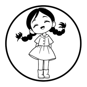 Free printable cute girl with pigtail braids, smiling and wearing a dress and boots, simple outline coloring page.