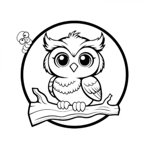 Free printable coloring page of a cute baby owl sitting on a branch inside a circle with a small worm, simple thick lines for kids.