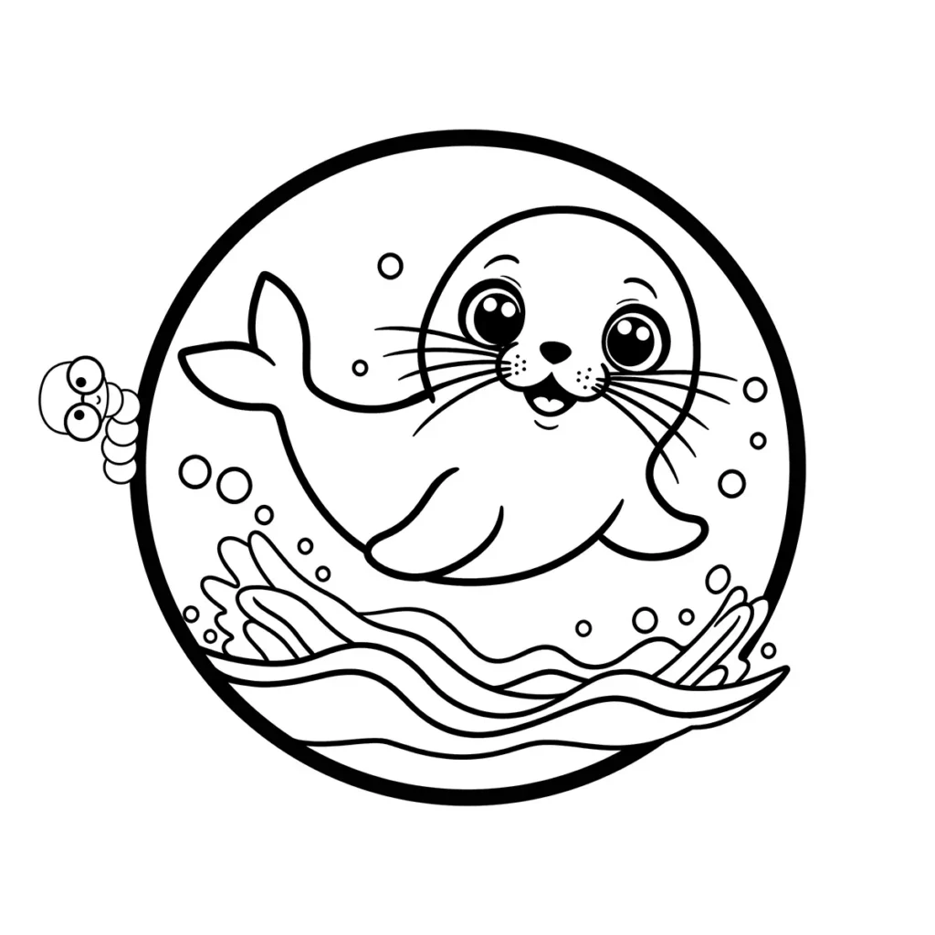 Free printable cute baby seal or sea lion jumping out of the ocean waves coloring page, simple marine animal design with a worm mascot.
