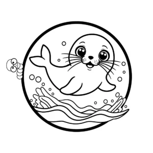 Free printable cute baby seal or sea lion jumping out of the ocean waves coloring page, simple marine animal design with a worm mascot.