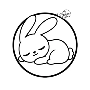 Easy coloring page of a sleeping bunny rabbit curled up inside a circle, kawaii style free download for kids.