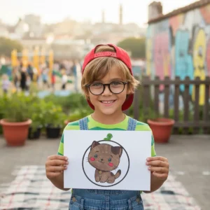 A smiling child wearing glasses and a red cap, holding up a completed coloring page of a cute cartoon brown kitten sitting in a circle, in an outdoor setting.