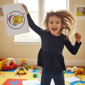 An enthusiastic, smiling child jumping while proudly holding up a completed coloring page of a cute duckling wearing a Santa hat, in an indoor play area.
