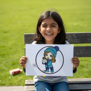 A brightly smiling child holding up a completed coloring page of a cute girl in a blue winter hat and jacket holding a snowball, sitting on a wooden bench outside.