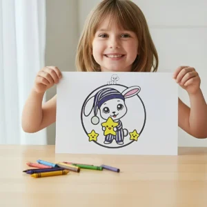 A smiling child holding up a completed, colored coloring page of a cute bunny in pajamas holding a star, with scattered crayons on a wooden table.