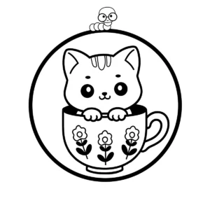 An adorable kitten peeking out happily from a decorated teacup with flowers on it.