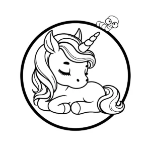 A beautiful unicorn lying down with its eyes closed, resting peacefully inside a circular frame.