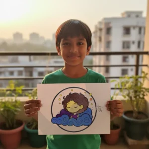 A happy boy standing on an apartment balcony at sunset, holding a completed coloring page of a child sleeping peacefully on blue and purple clouds.