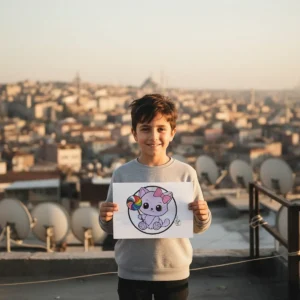 A happy boy standing on a rooftop with a city skyline at sunset, holding a colored drawing of a purple kitten with a pink bow and a rainbow lollipop.