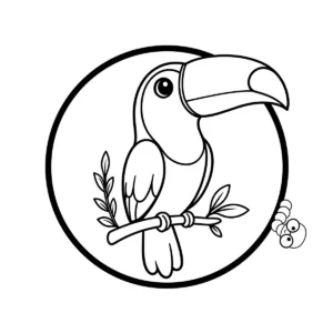 A cute toucan with a large, simplified beak sitting on a branch with leaves.