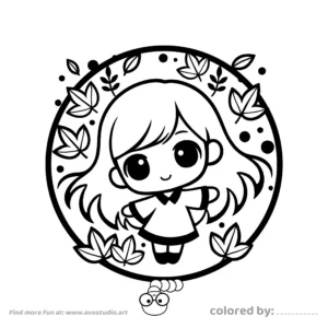 Cute autumn girl coloring page with falling leaves and chibi style character