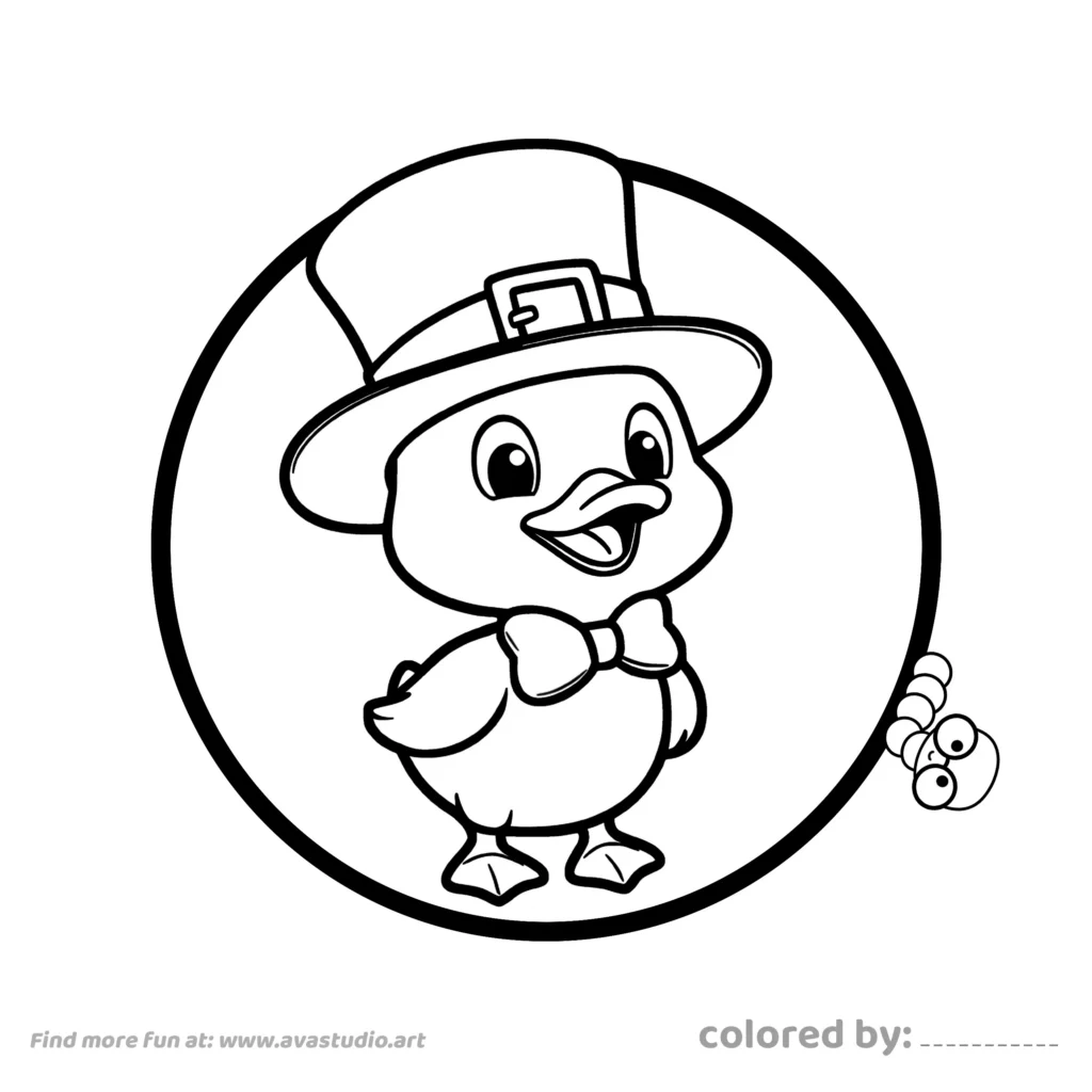 Cute duck wearing a hat and bow tie coloring page with simple outlines