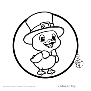 Cute duck wearing a hat and bow tie coloring page with simple outlines