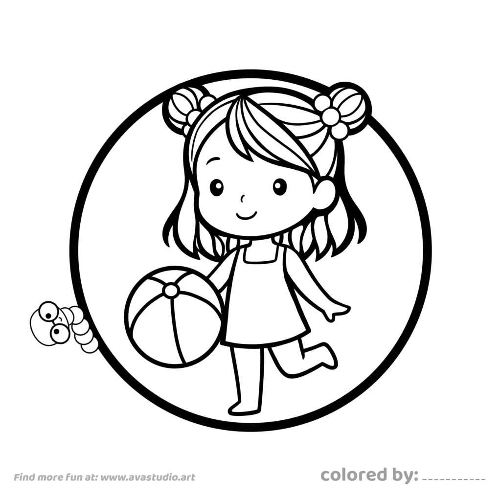 Cute girl playing with ball coloring page with simple outlines inside a circular frame