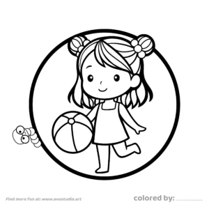 Cute girl playing with ball coloring page with simple outlines inside a circular frame