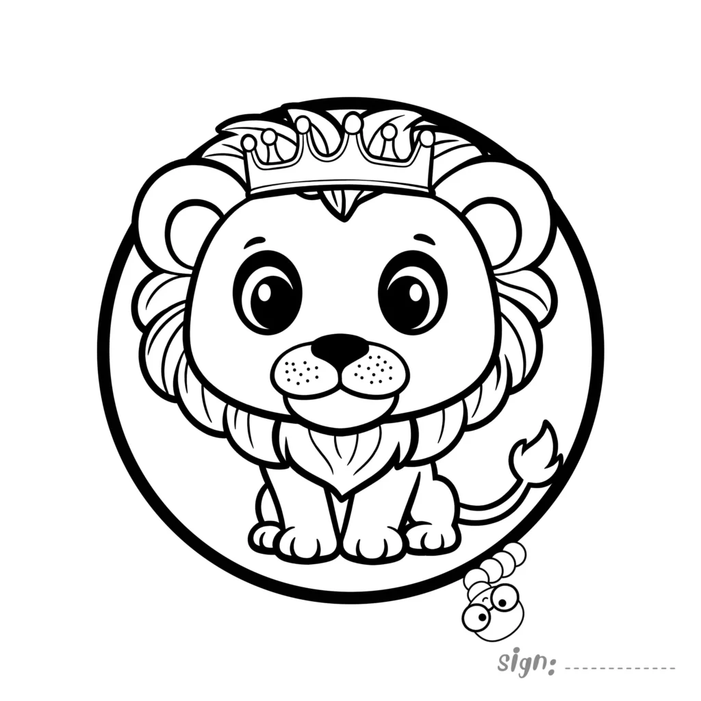 Cute lion wearing a crown coloring page with simple outlines inside a circle