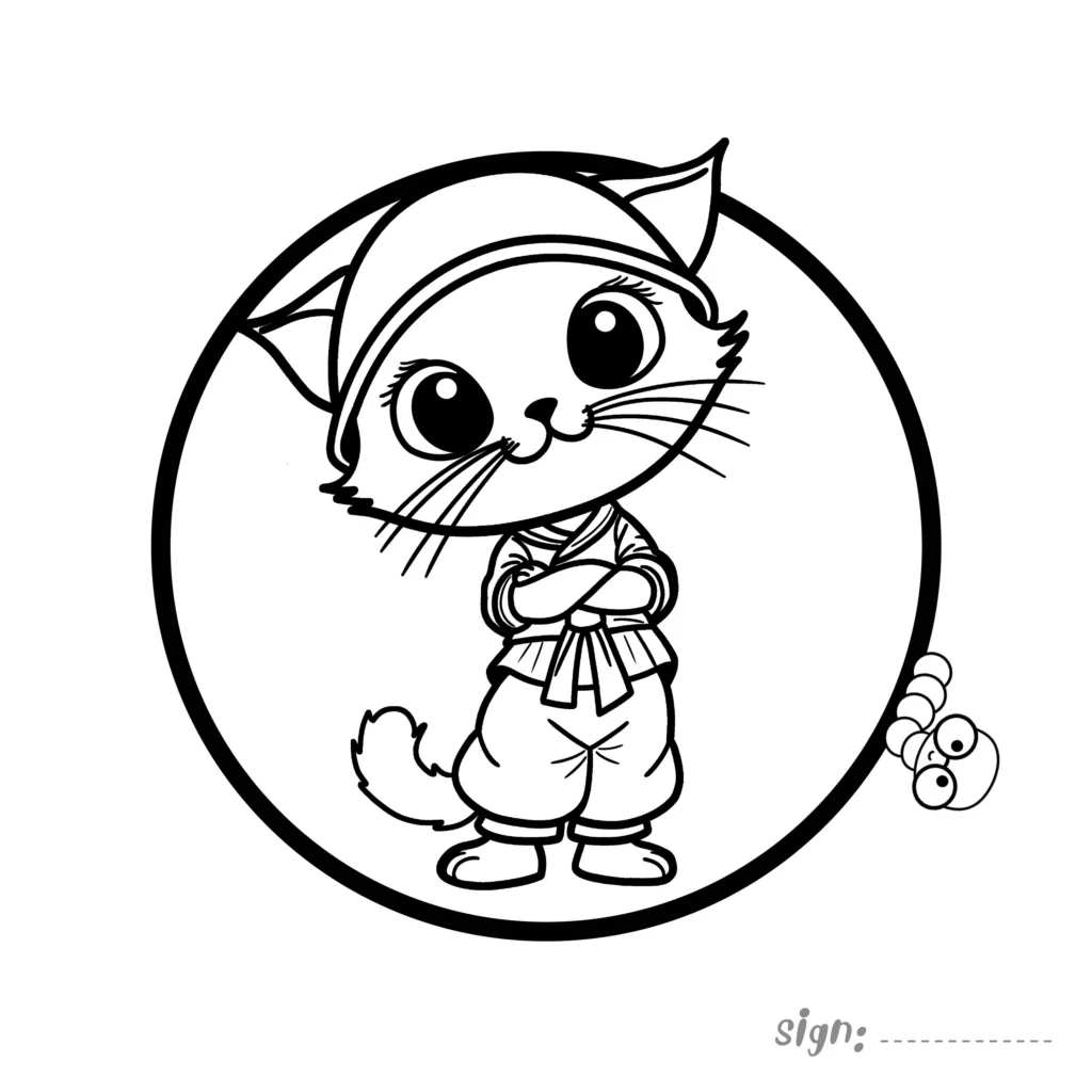 Cute martial artist cat coloring page wearing headband and outfit inside a circle