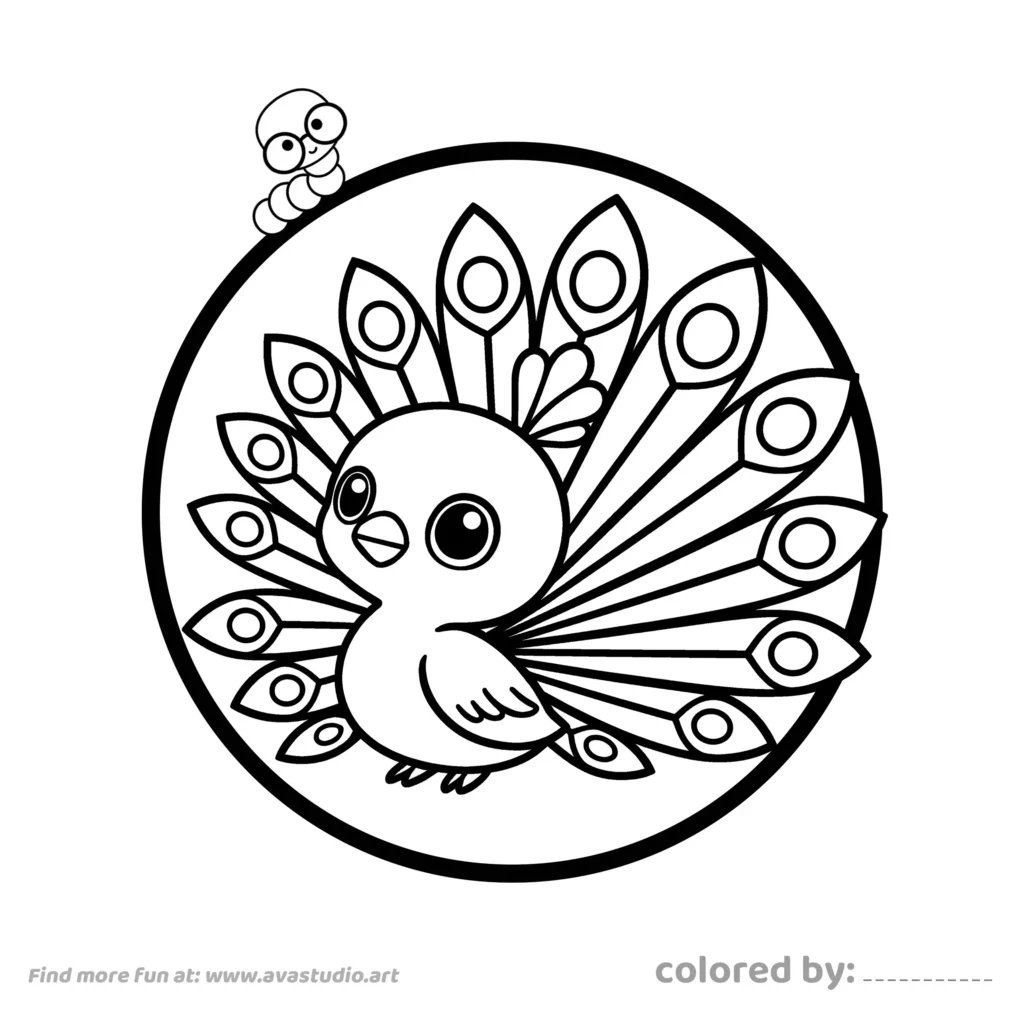 Cute peacock coloring page with decorative feathers and bold outlines for kids