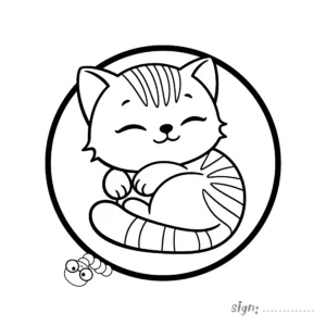 Cute sleeping kitten coloring page curled up on cushion inside a circle