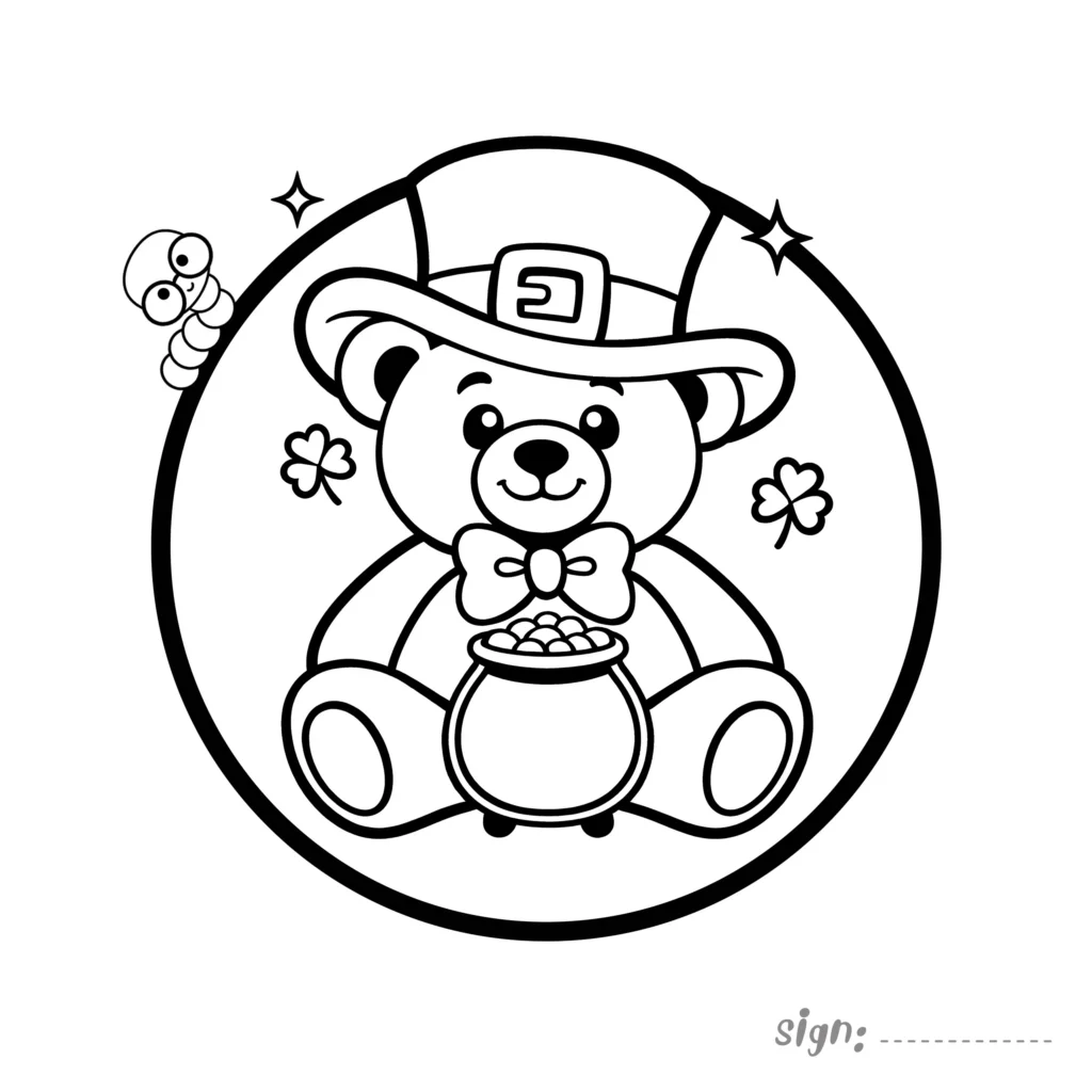 Cute St Patrick’s bear coloring page holding pot of gold with clovers