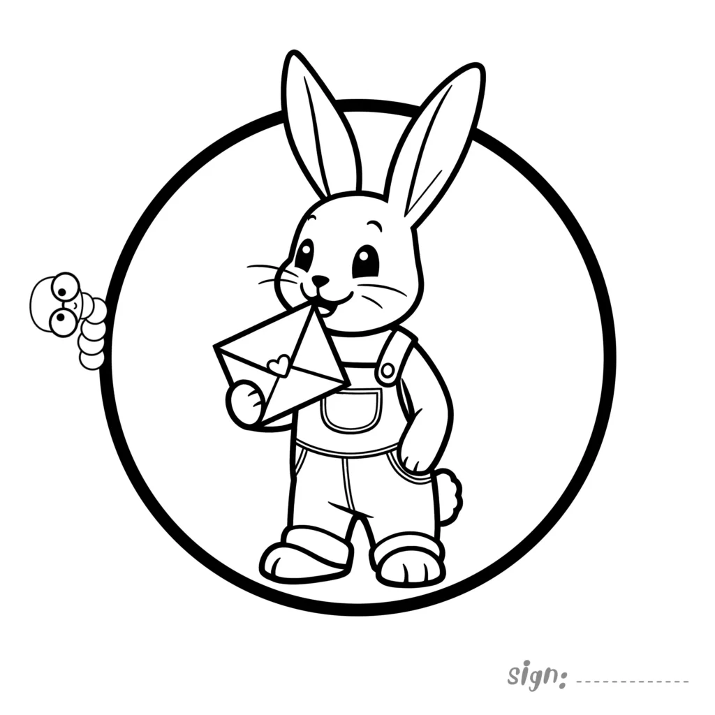 Cute bunny holding an envelope with heart coloring page inside a circle