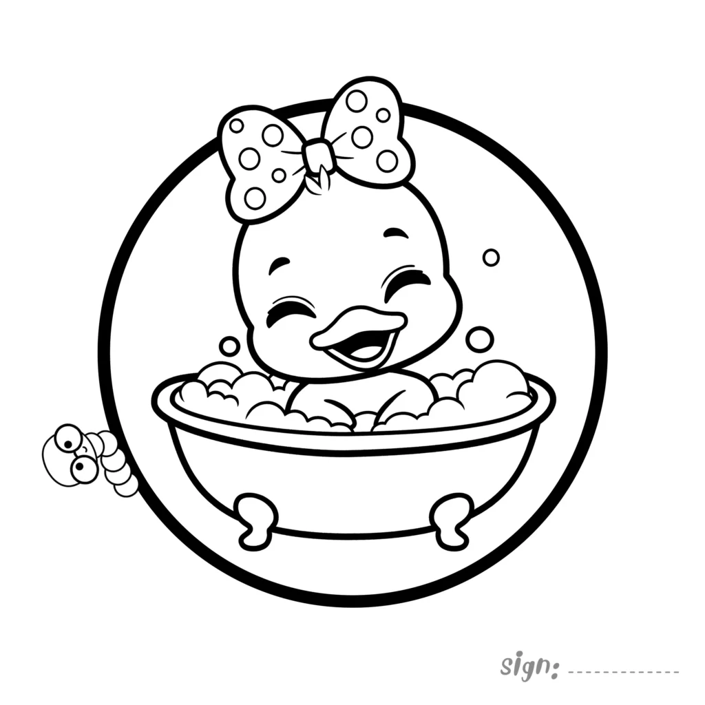 Cute duck bath coloring page with bubbles and bow inside a circle