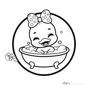 Cute duck bath coloring page with bubbles and bow inside a circle